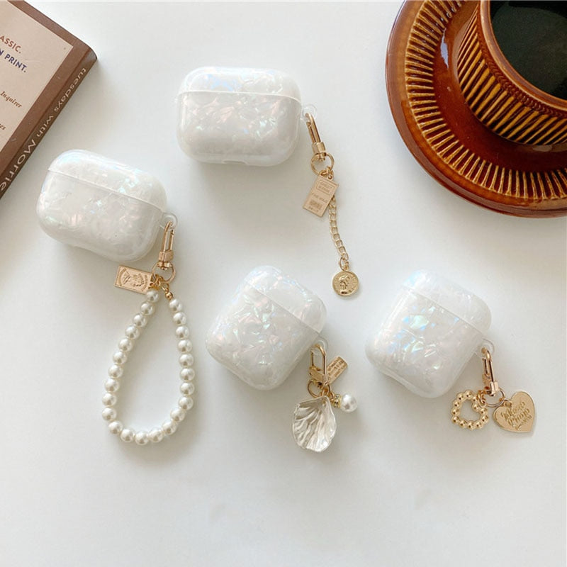 White Glossy Pearl Bracelet Keychain Earphone case For Apple Airpods 1 2 Pro 3 Wireless with Headset Box Cover