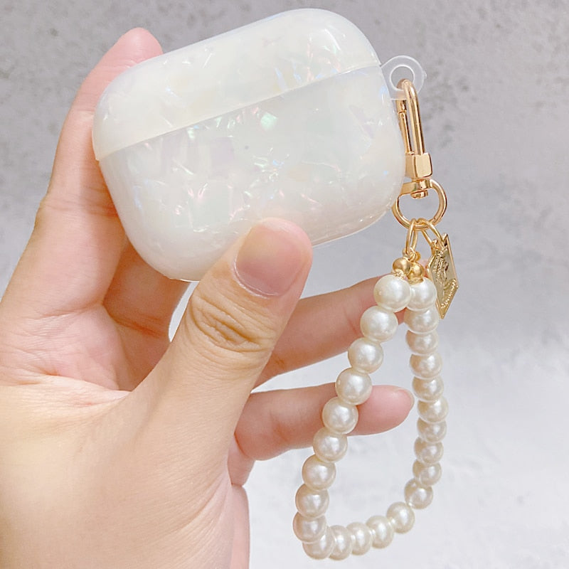 White Glossy Pearl Bracelet Keychain Earphone case For Apple Airpods 1 2 Pro 3 Wireless with Headset Box Cover