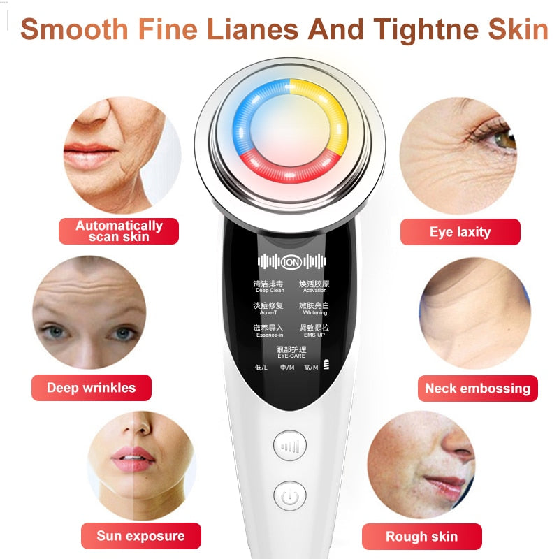7in1 Face Massager RF Microcurrent Mesotherapy Electroporation LED Skin Remover Wrinkle