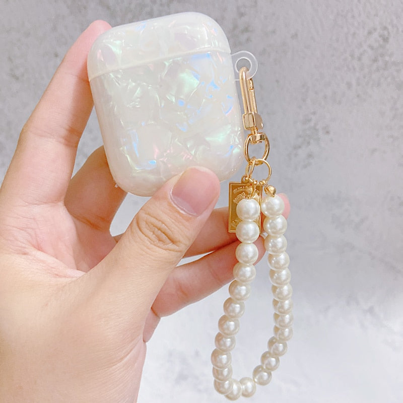 White Glossy Pearl Bracelet Keychain Earphone case For Apple Airpods 1 2 Pro 3 Wireless with Headset Box Cover