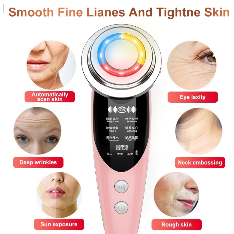 7in1 Face Massager RF Microcurrent Mesotherapy Electroporation LED Skin Remover Wrinkle