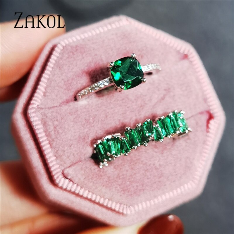 Green Round Square Cubic Zircon Rings