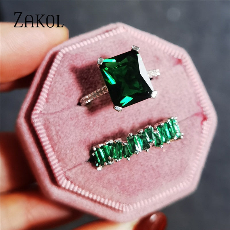 Green Round Square Cubic Zircon Rings