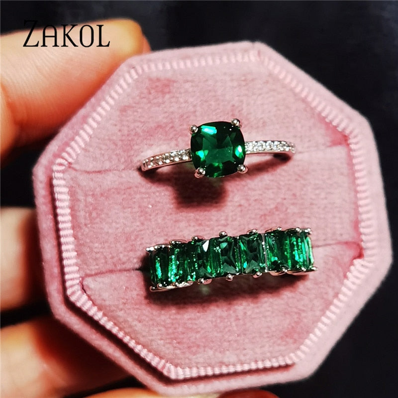 Green Round Square Cubic Zircon Rings