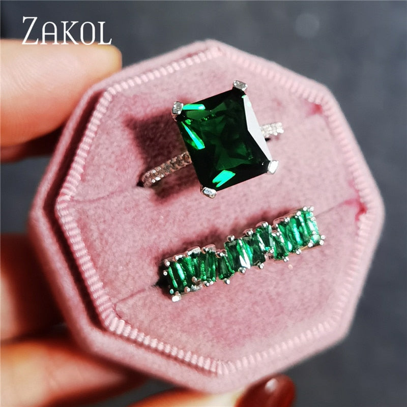 Green Round Square Cubic Zircon Rings
