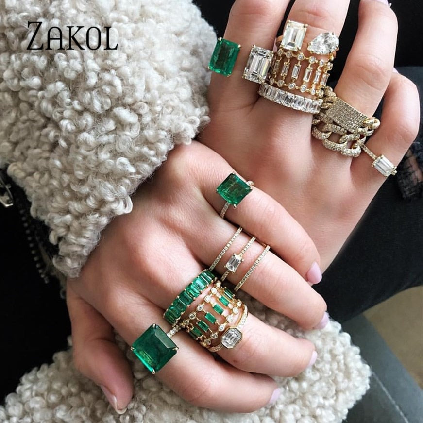 Green Round Square Cubic Zircon Rings
