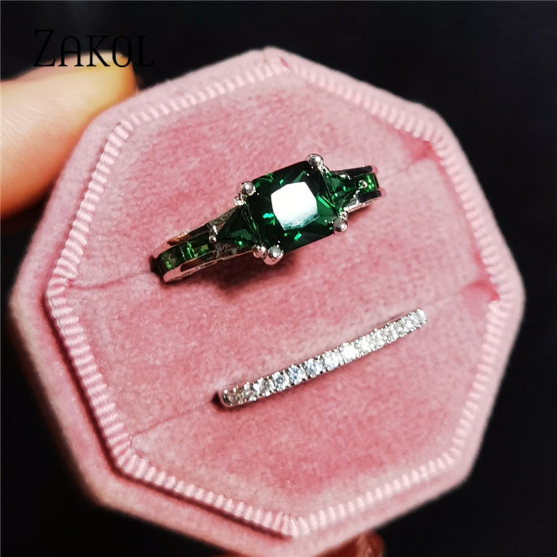 Green Round Square Cubic Zircon Rings