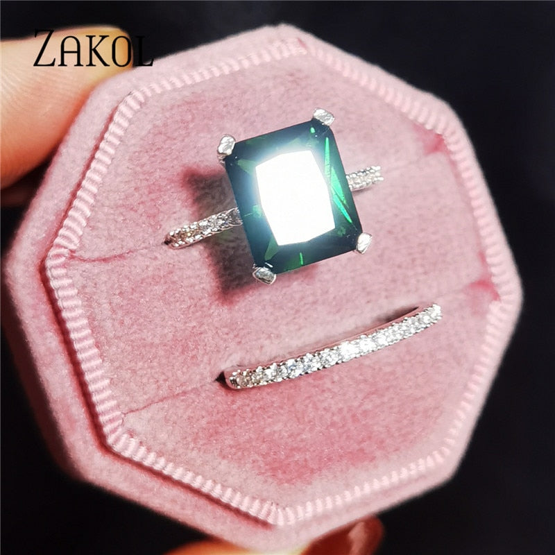 Green Round Square Cubic Zircon Rings
