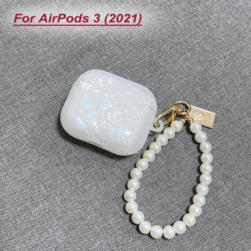White Glossy Pearl Bracelet Keychain Earphone case For Apple Airpods 1 2 Pro 3 Wireless with Headset Box Cover