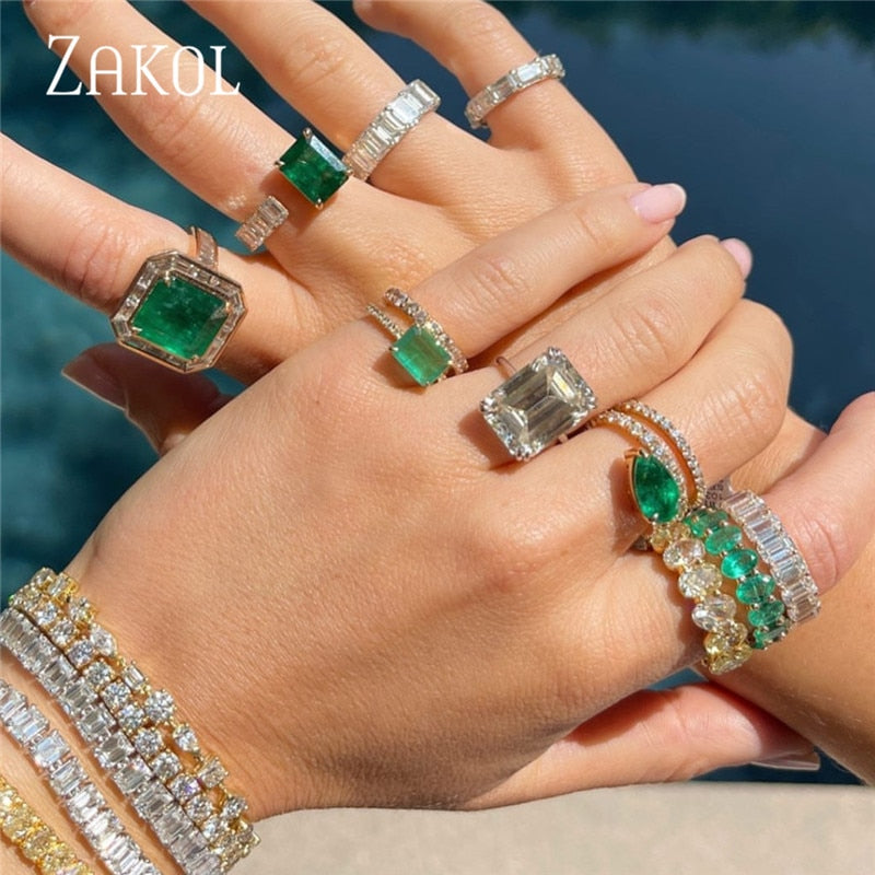 Green Round Square Cubic Zircon Rings