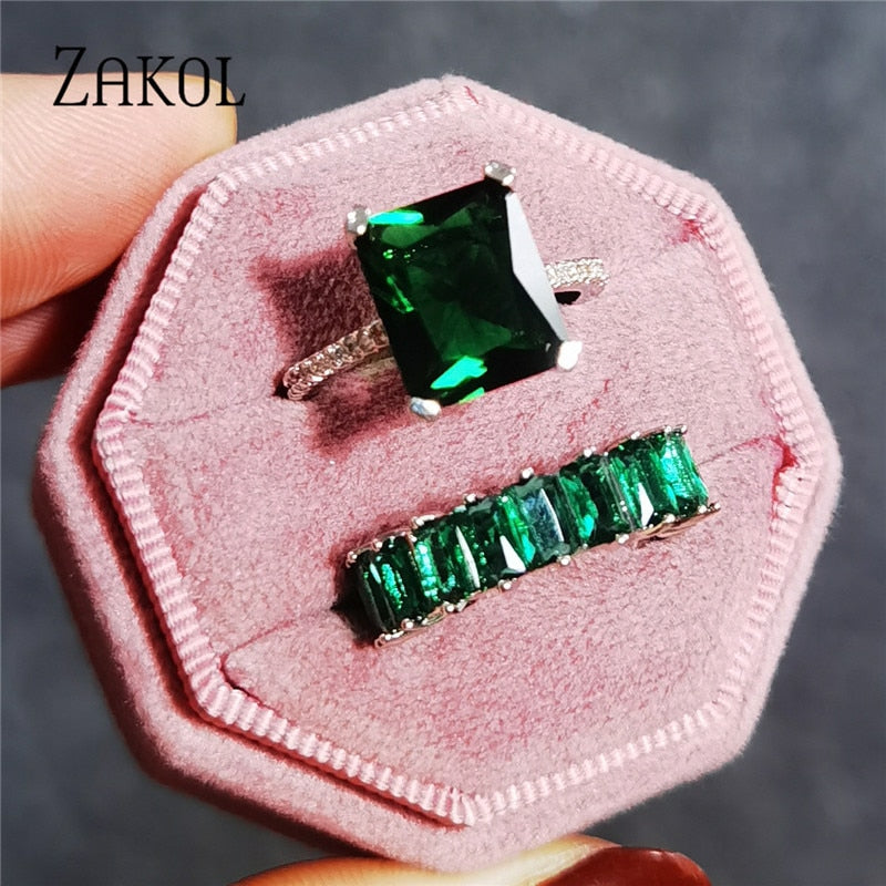 Green Round Square Cubic Zircon Rings